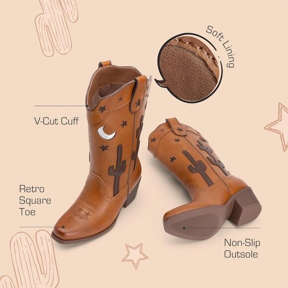 Girls Cowboy Boots Cowgirl Western Boots with Low Heel Square Toe for Little Kid - Picture 4 of 5